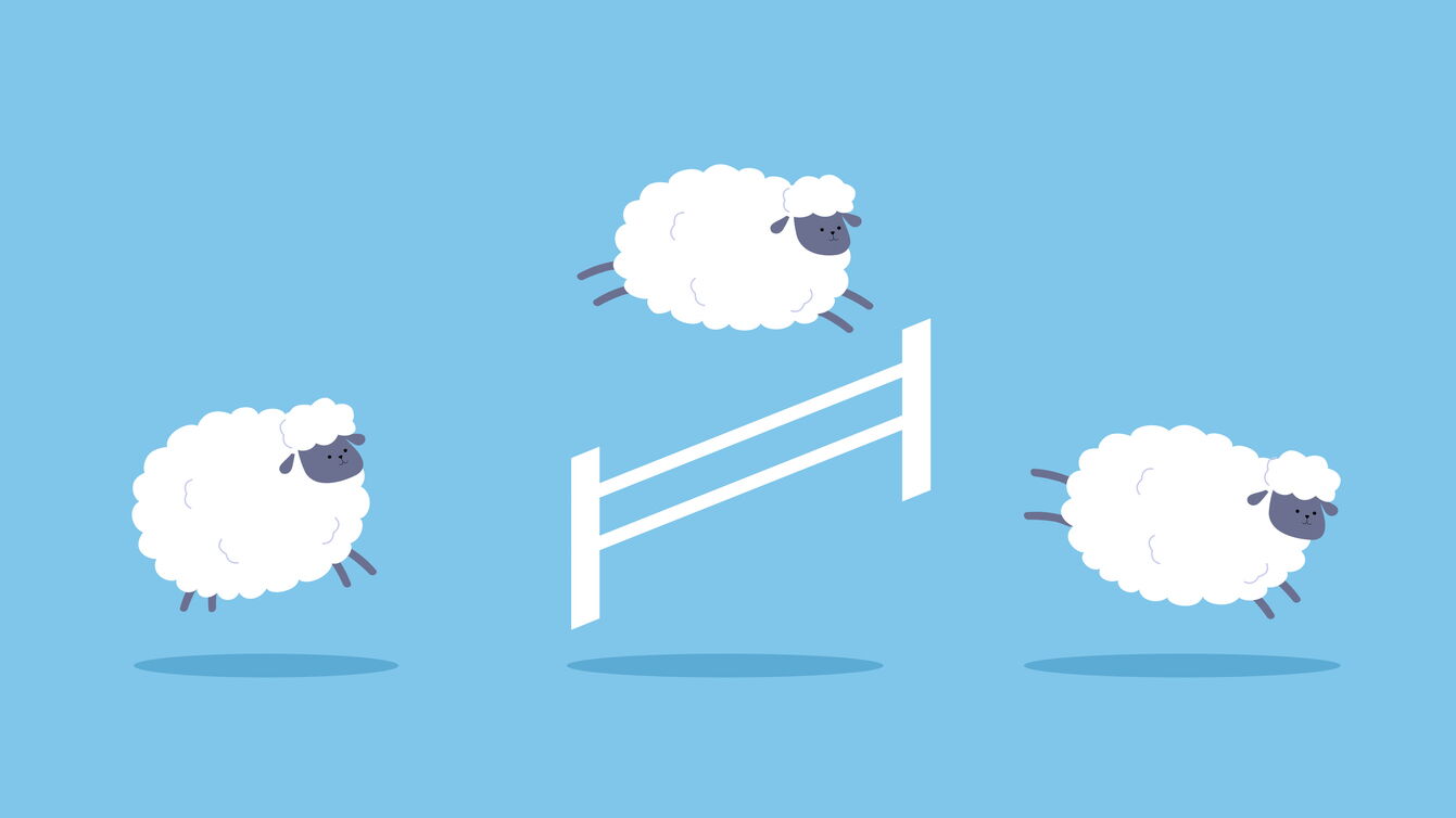 Niedliche Karikatur drei Schafe, die über Zaun springen. Schäfchen zählen, um einzuschlafen. Gute Nachtruhe in flachem Design.
